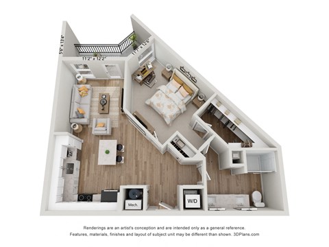 this is a 3d floor plan of a 757 square foot 1 bedroom apartment at the
